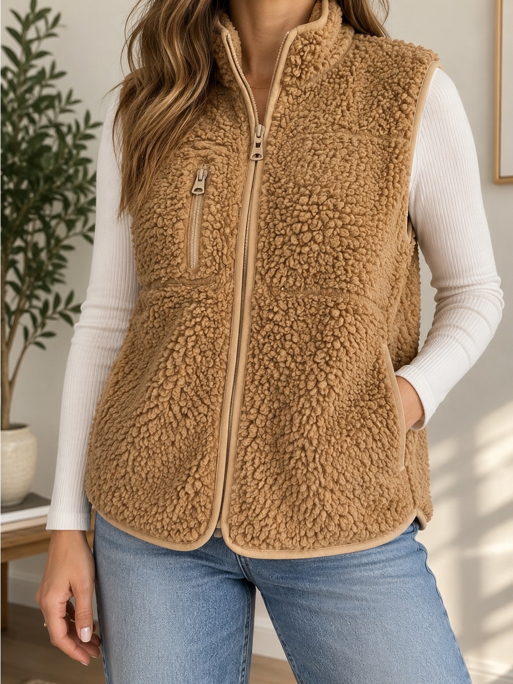 Lucky Brand Tan Sherpa Teddy Fleece Full Zip Vest